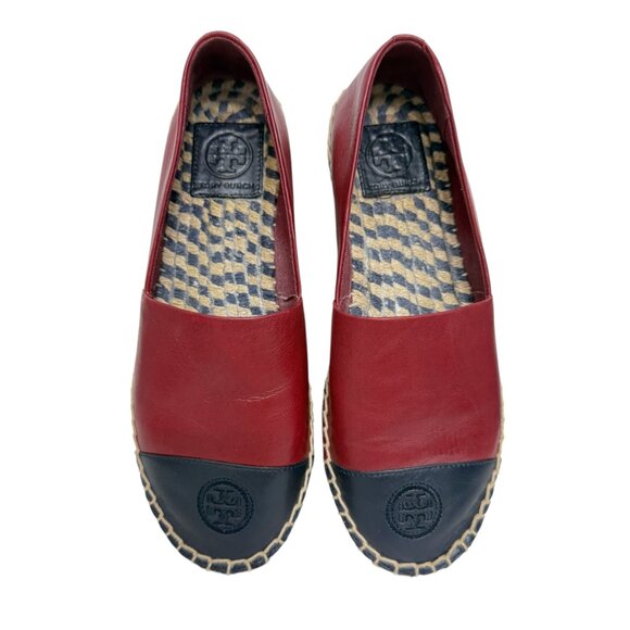 Tory Burch Color block LeatherEspadrille Flat Tuscan Wine Tory Navy Women's sz 7 - Picture 2 of 12